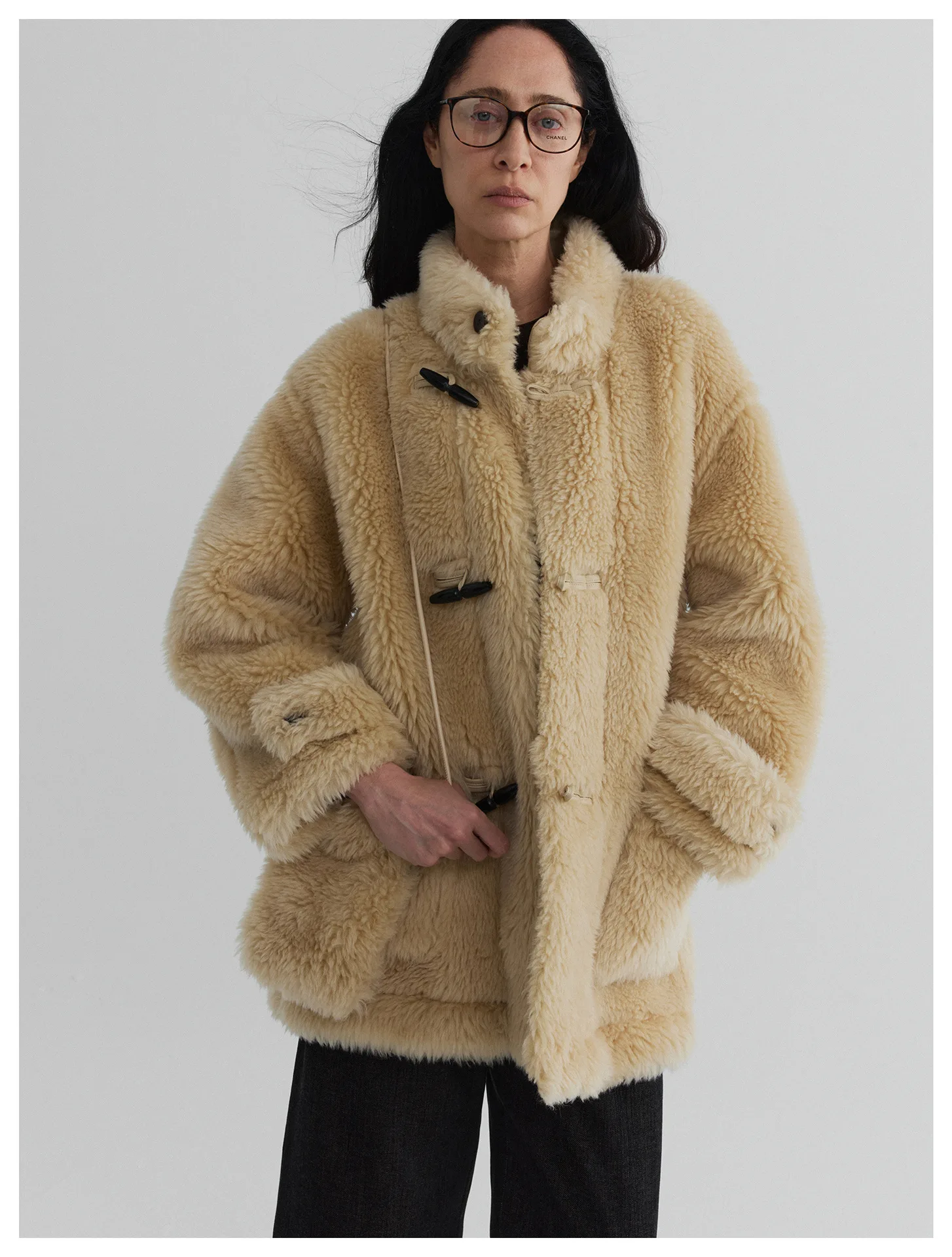 Women’s Horn Button Stand Collar Eco Fur Shearling Coat – Warm Winter Faux Fur Outerwear - Image 6