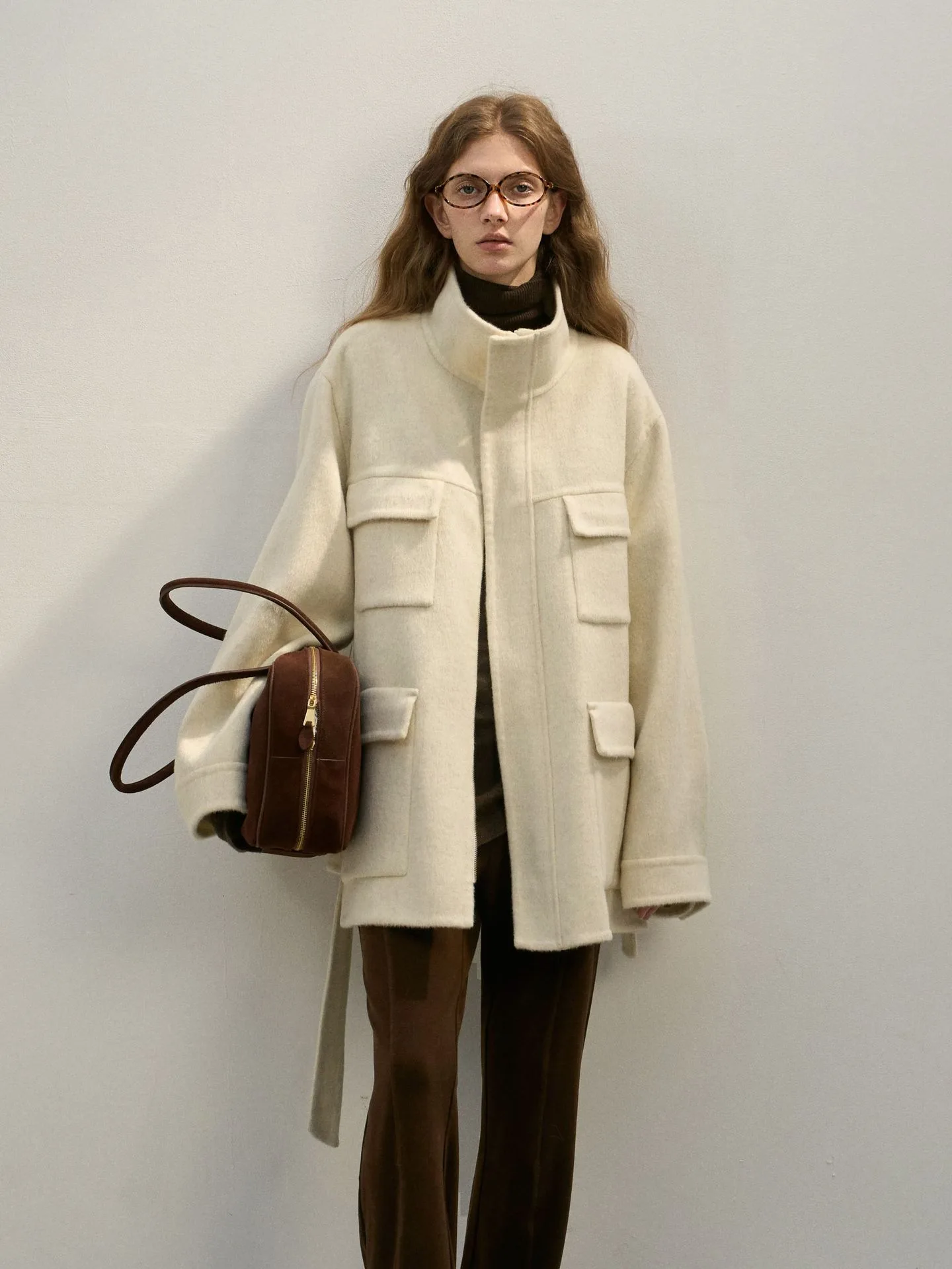 Women’s 100% Wool Jacket – Double Patch Pocket Belted Wool Coat Adjustable Waist Outerwear