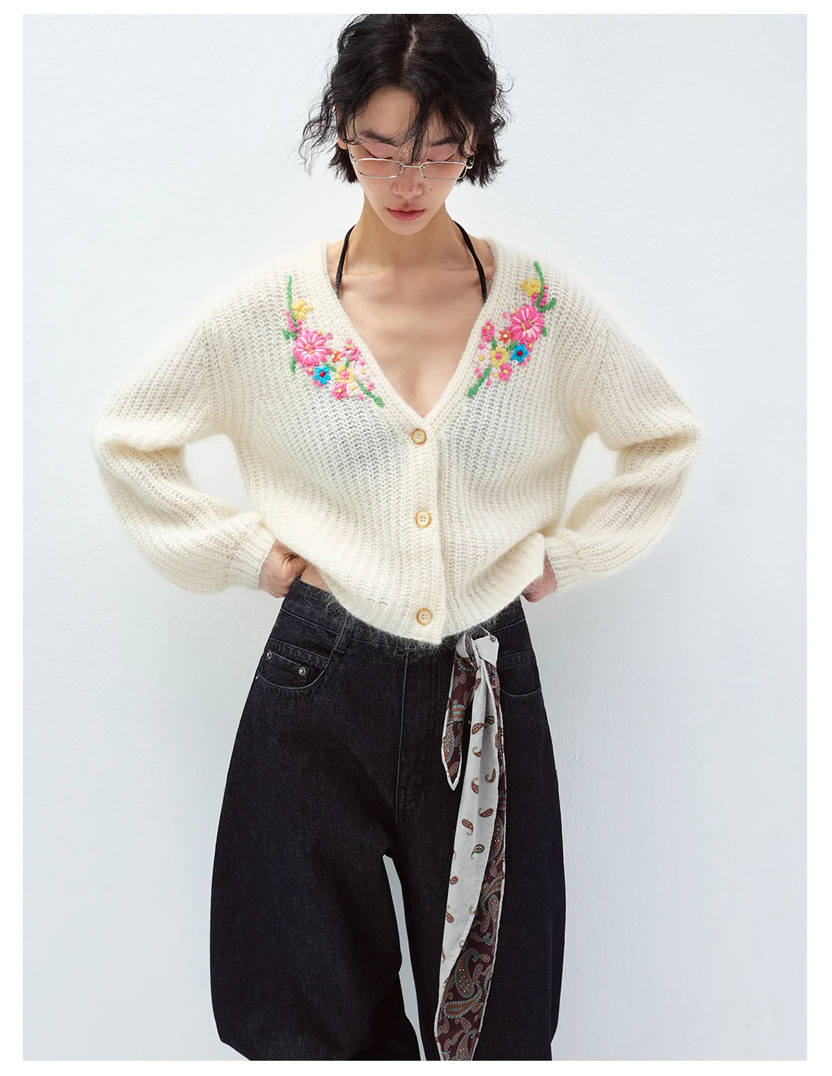 Women’s Floral Embroidered V Neck Cardigan Long Sleeve Button Front Knit Sweater - Image 6