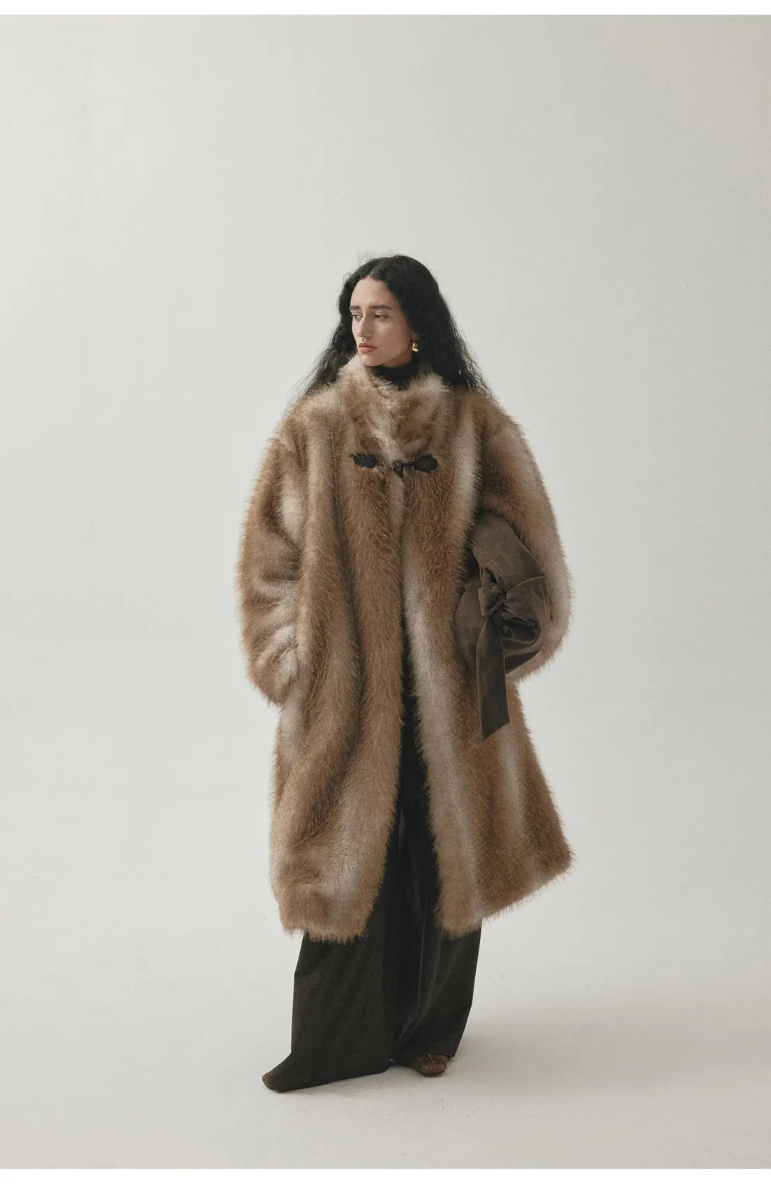 Women’s Stand Collar Faux Fur Jacket – Long Structured Winter Coat with Toggle Button Closure