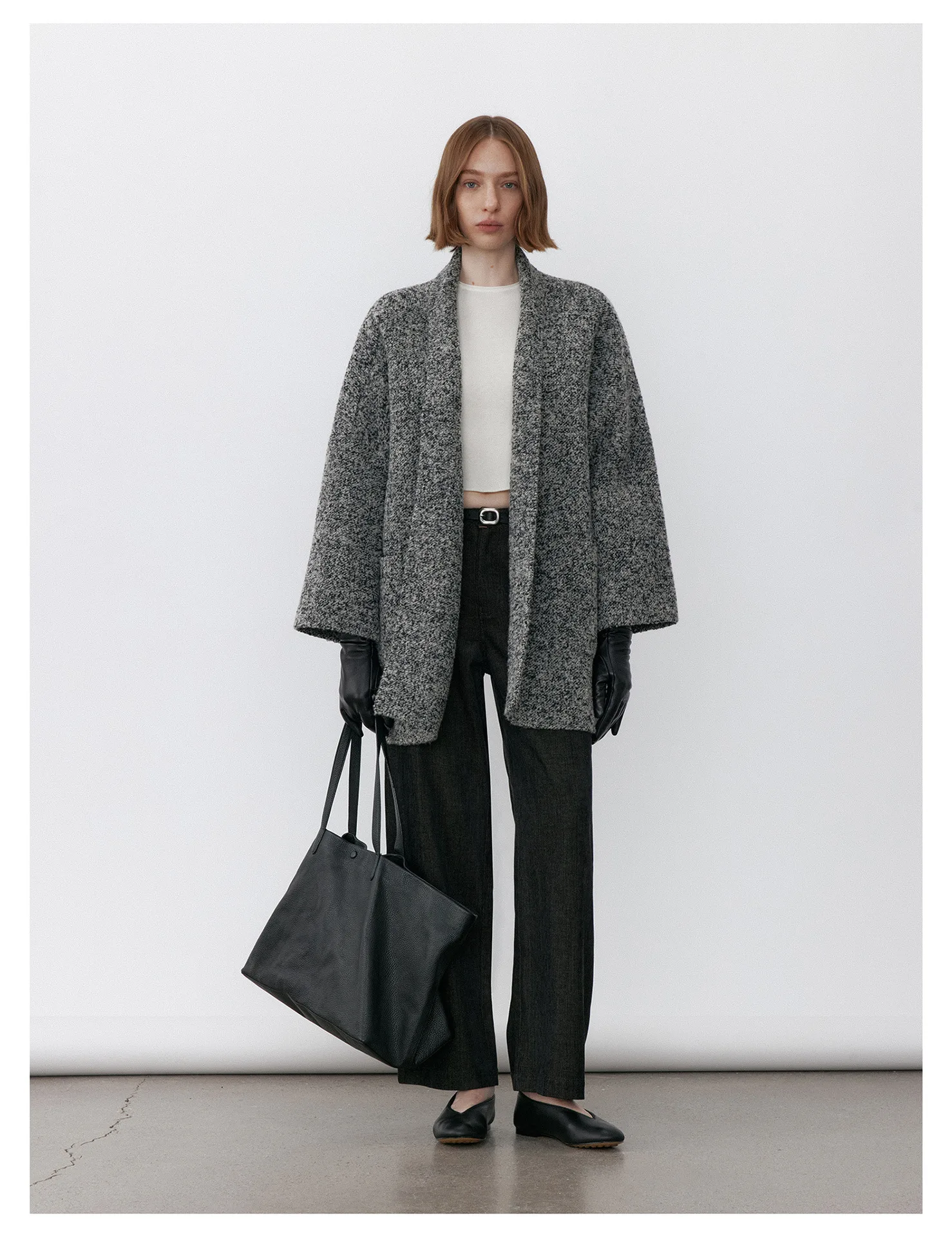 Women’s Collarless Mid-Length Loop Wool Coat – Relaxed Fit Textured Winter Outerwear