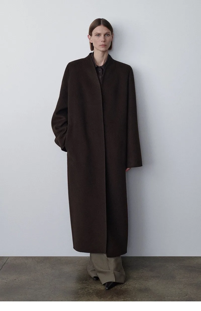 Women’s Cashmere Wool Double-Faced V-Neck Coat with Hidden Button Closure