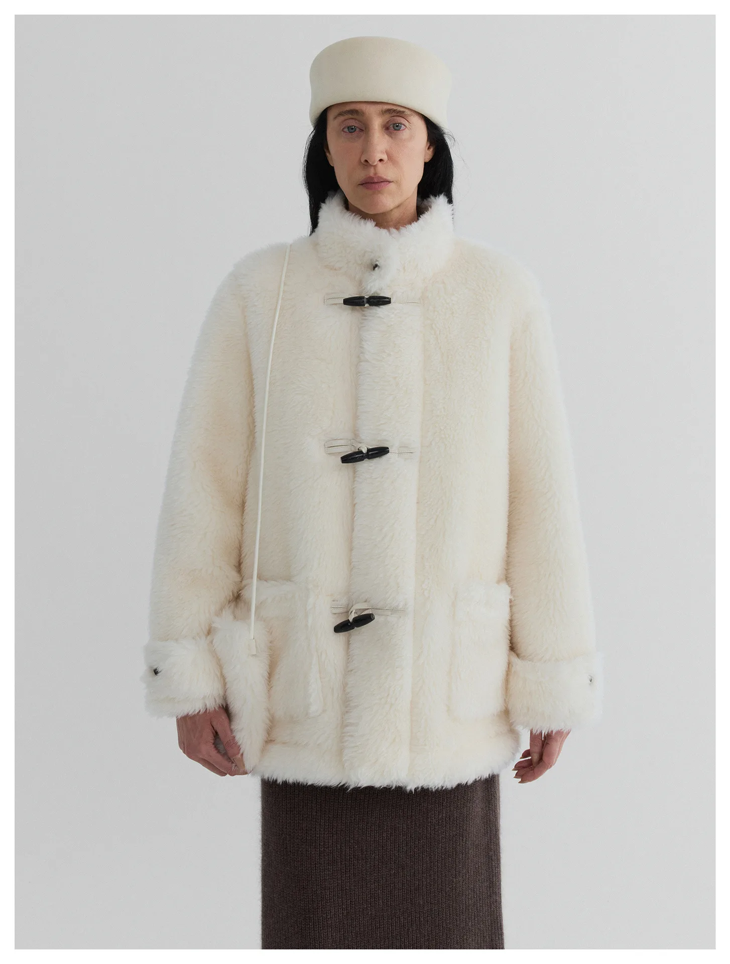 Women’s Horn Button Stand Collar Eco Fur Shearling Coat – Warm Winter Faux Fur Outerwear