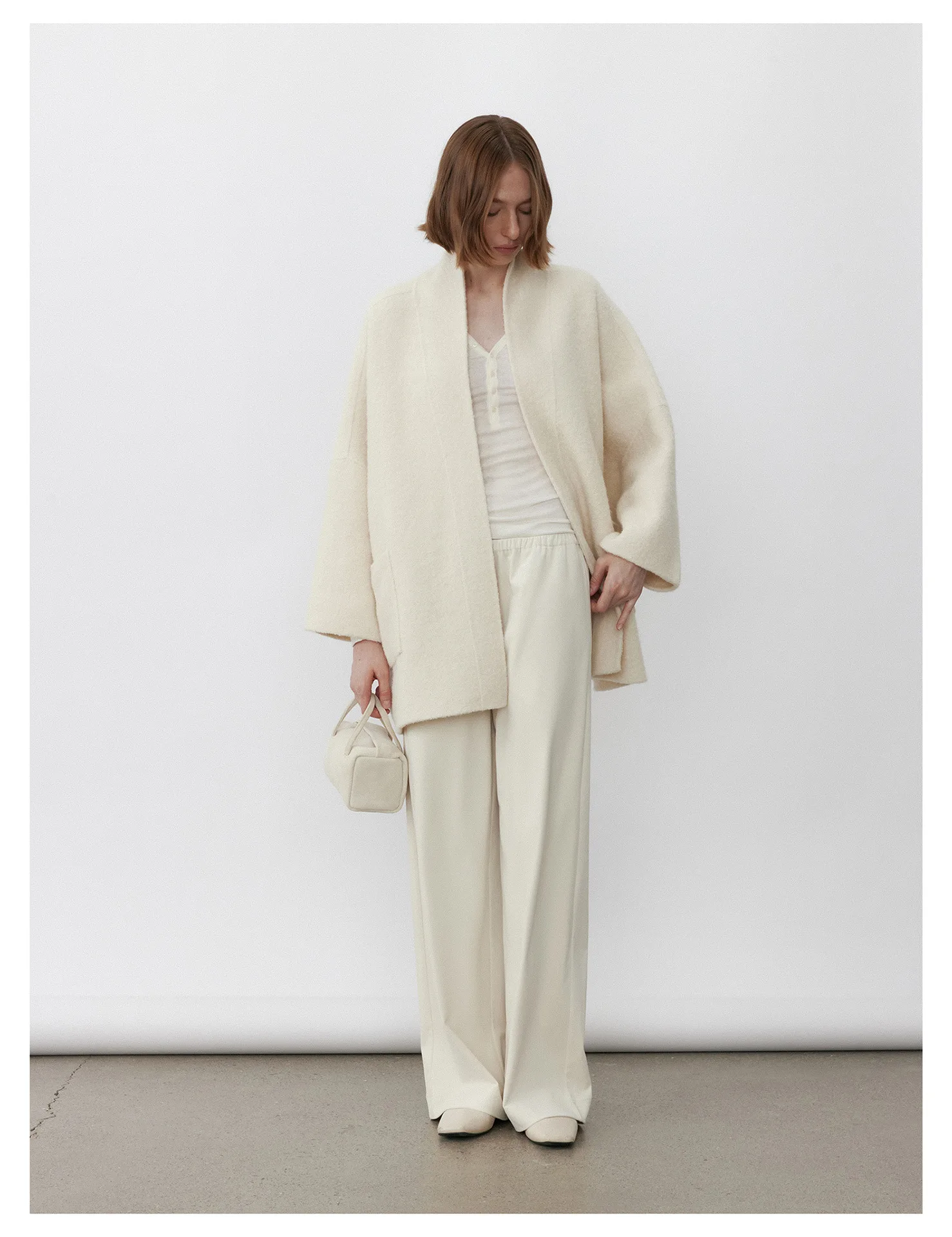 Women’s Collarless Mid-Length Loop Wool Coat – Relaxed Fit Textured Winter Outerwear - Image 6