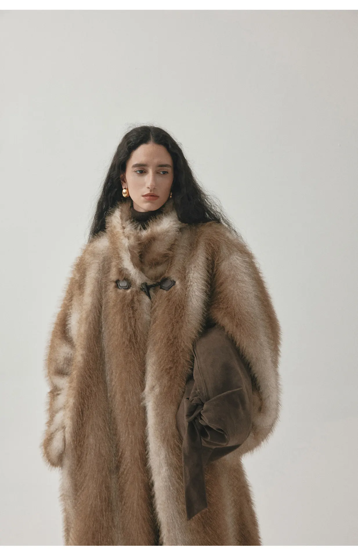 Women’s Stand Collar Faux Fur Jacket – Long Structured Winter Coat with Toggle Button Closure - Image 2