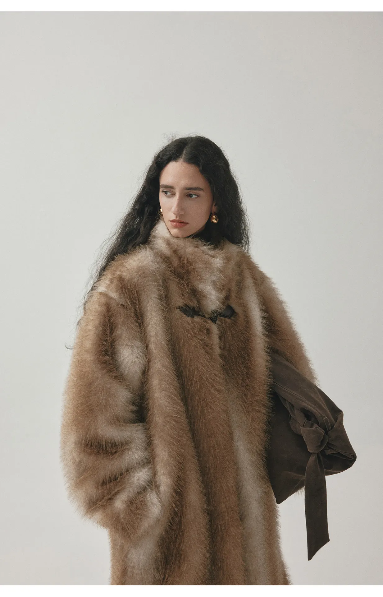 Women’s Stand Collar Faux Fur Jacket – Long Structured Winter Coat with Toggle Button Closure - Image 3
