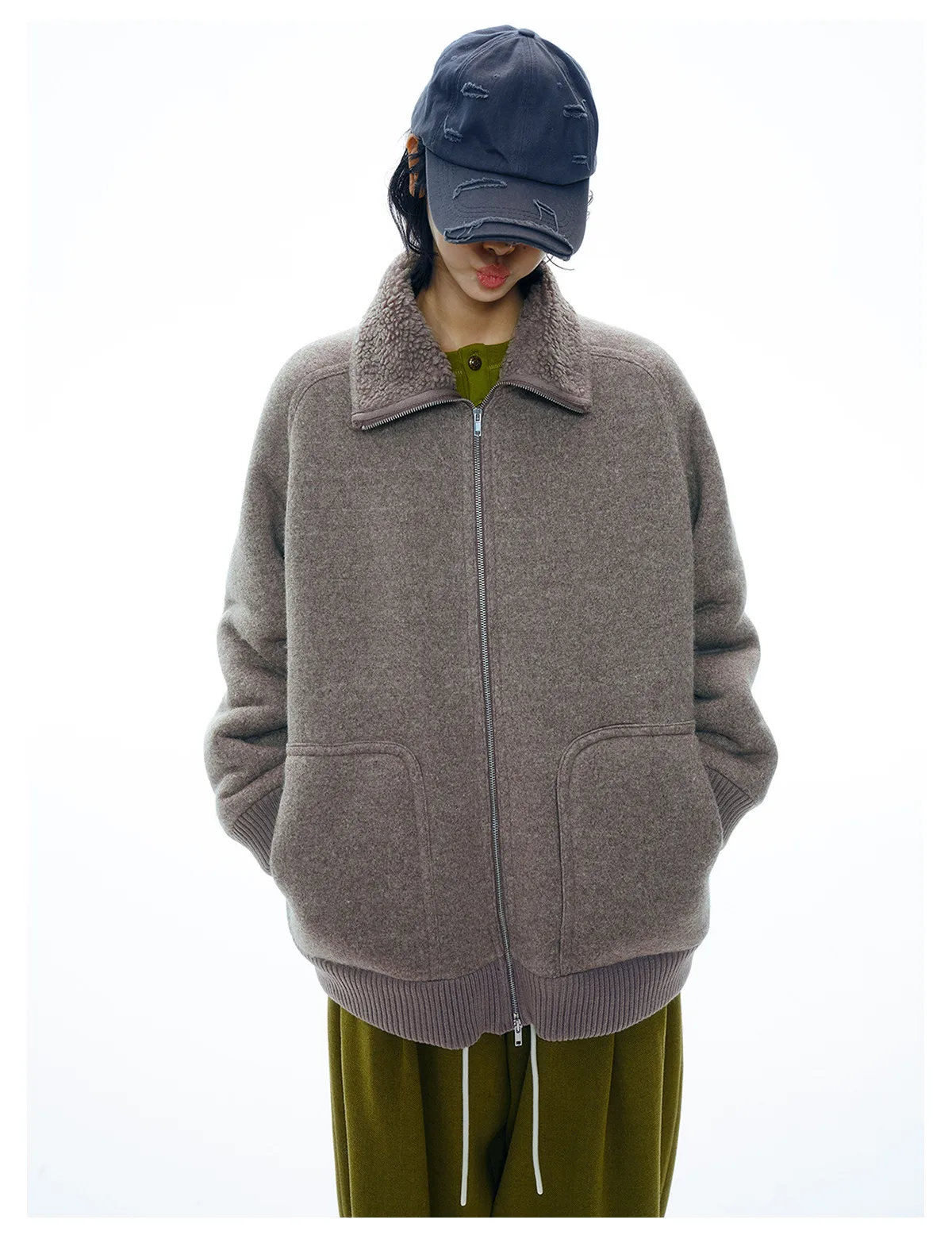 Women's Wool Blend Fleece Jacket, Warm Long Sleeve Zip Up Coat with Large Pockets, Cozy Casual Outerwear