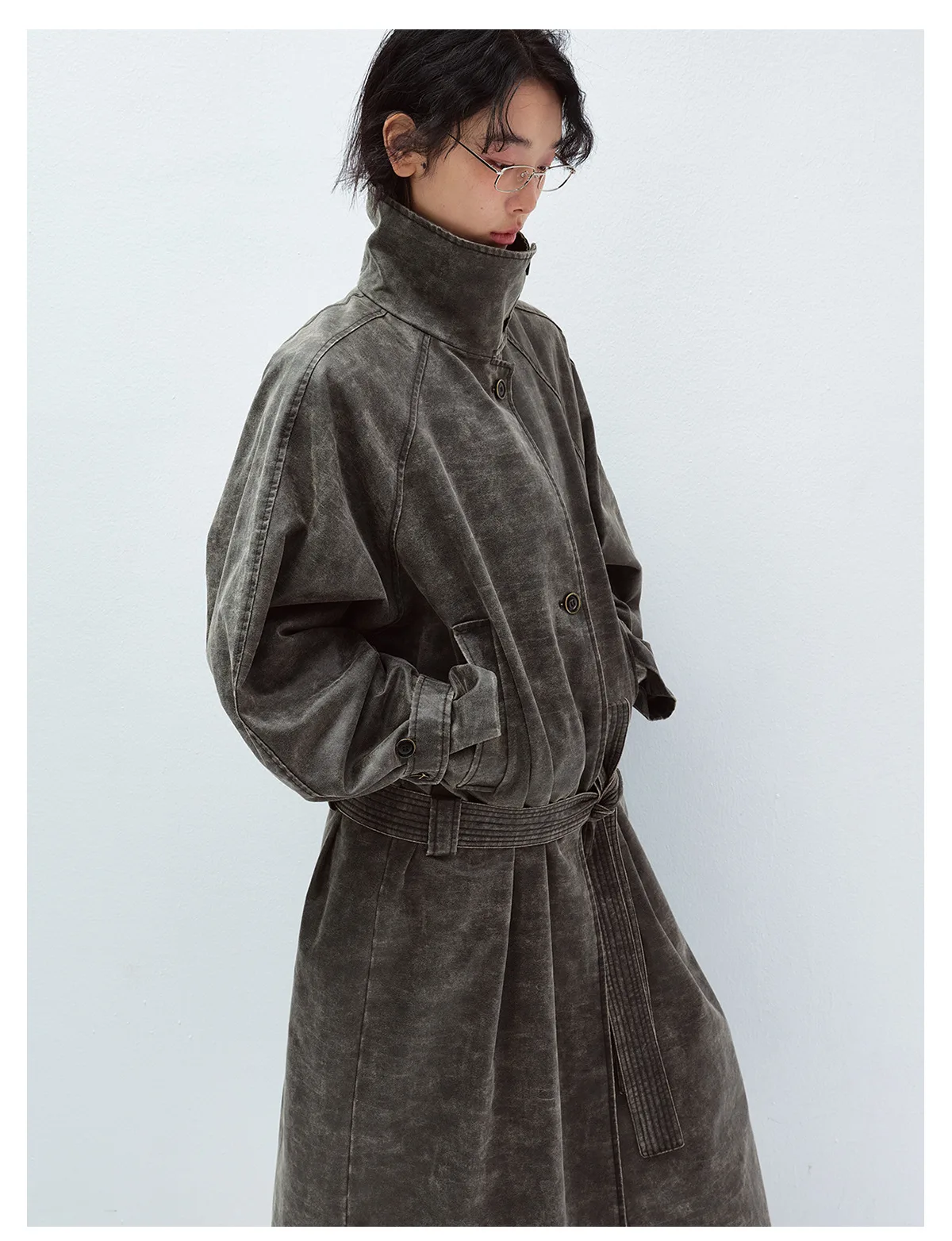 Women's Vintage Washed Trench Coat, Single Breasted Long Sleeve Jacket with Waist Tie Belt, Distressed Casual Outerwear - Image 5