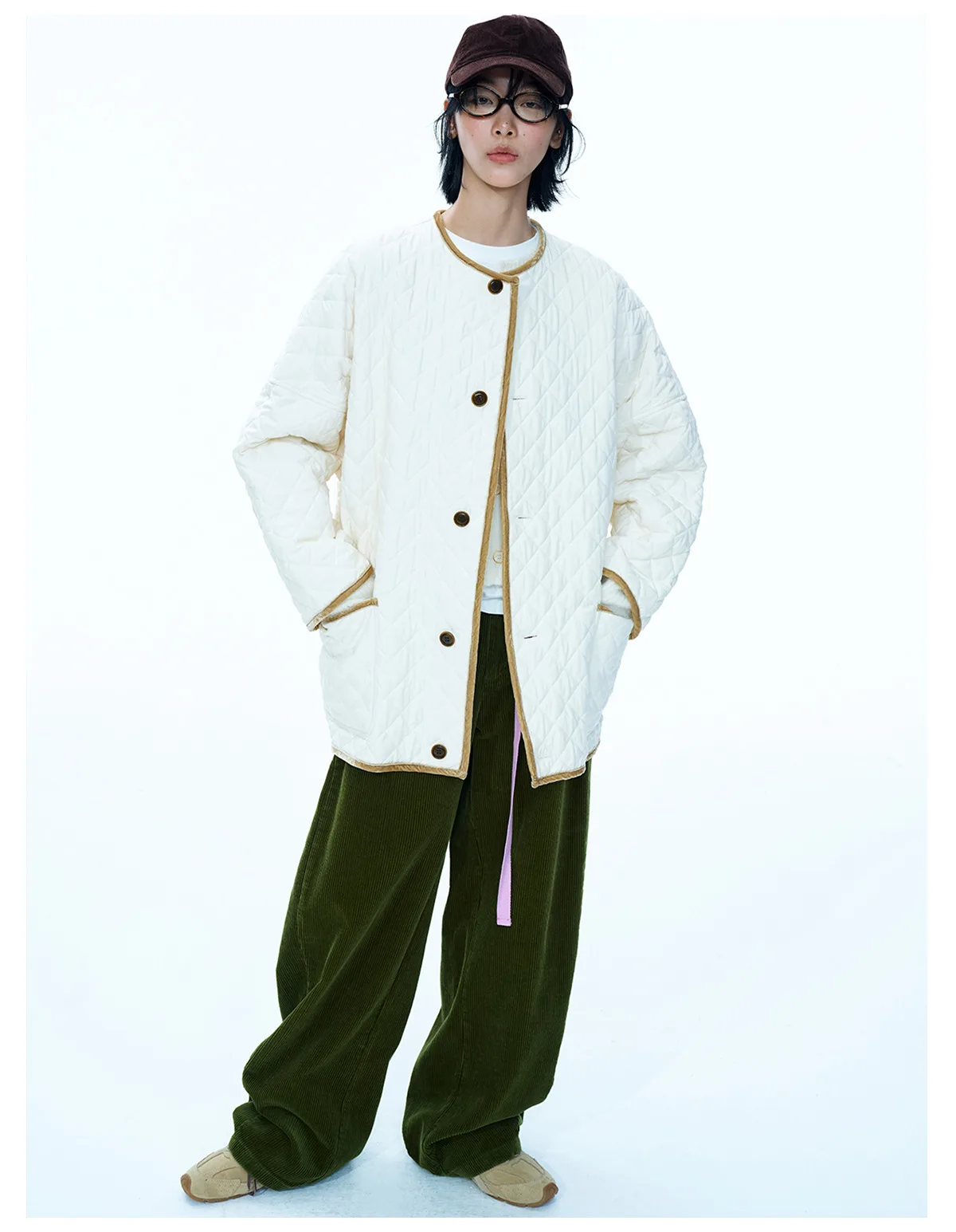 Women's Winter Quilted Cotton Jacket, Color Block Wool Blend Coat, Loose Fit Single Breasted Outerwear