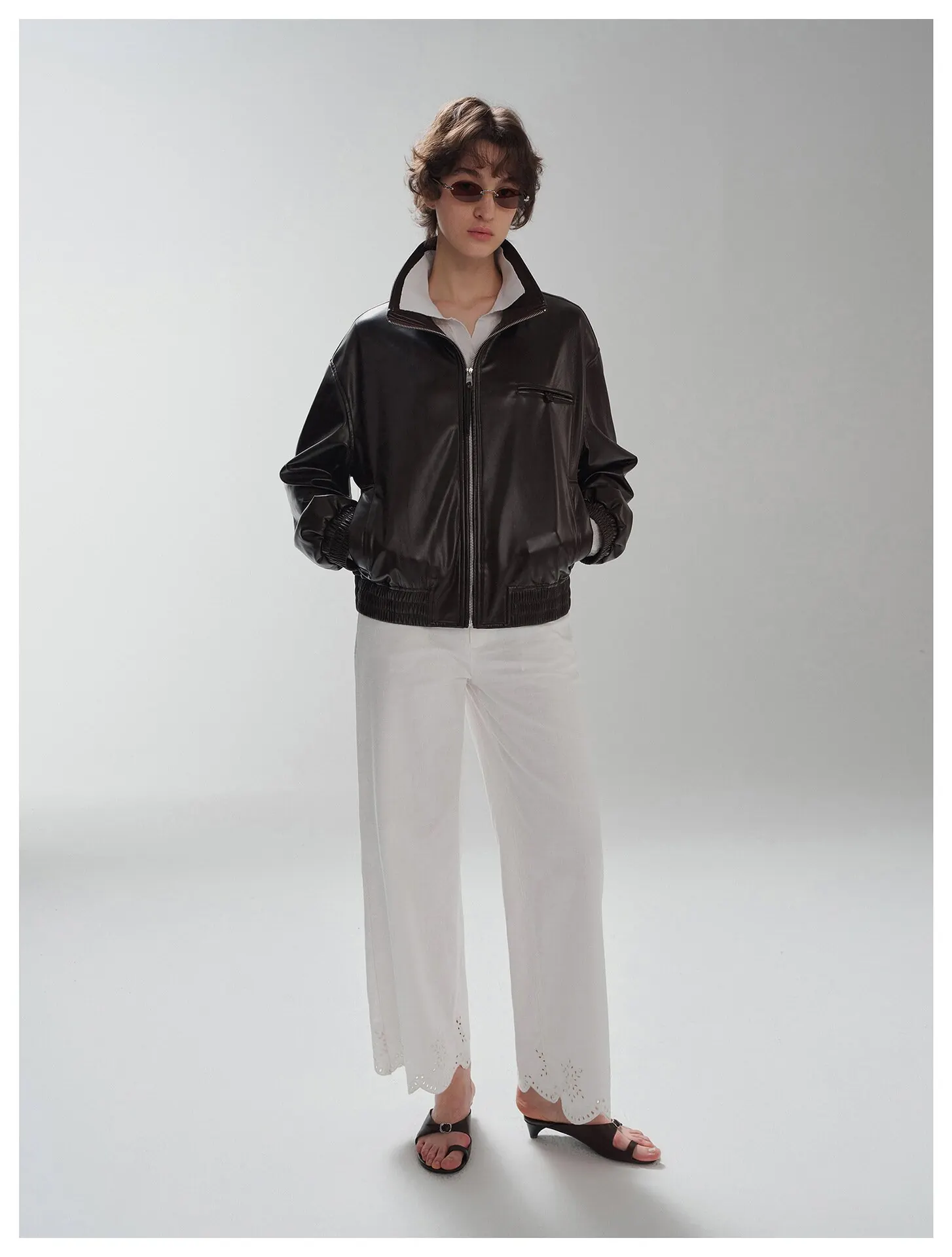 Women’s Stand Collar Leather Jacket – Oversized Zip Up Faux Leather Coat Casual Biker Jacket - Image 2