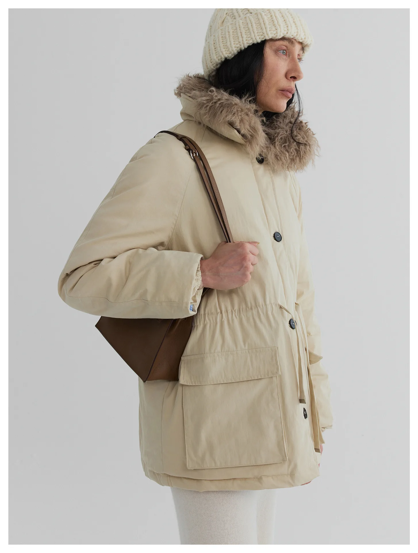 Women’s Shearling Wool Collar White Duck Down Drawstring Waist Utility Jacket – Warm Winter Outerwear - Image 4