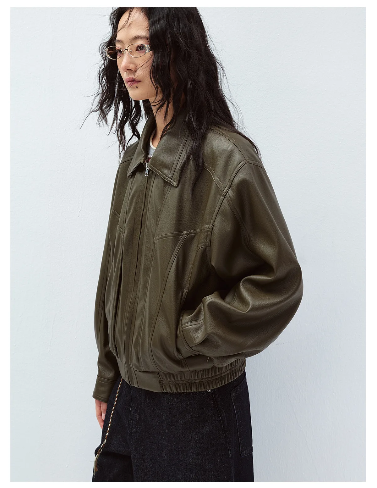 Women's Leather Jacket, Long Sleeve Lapel Collar Loose Fit Coat, Casual Oversized Motorcycle Outerwear - Image 3
