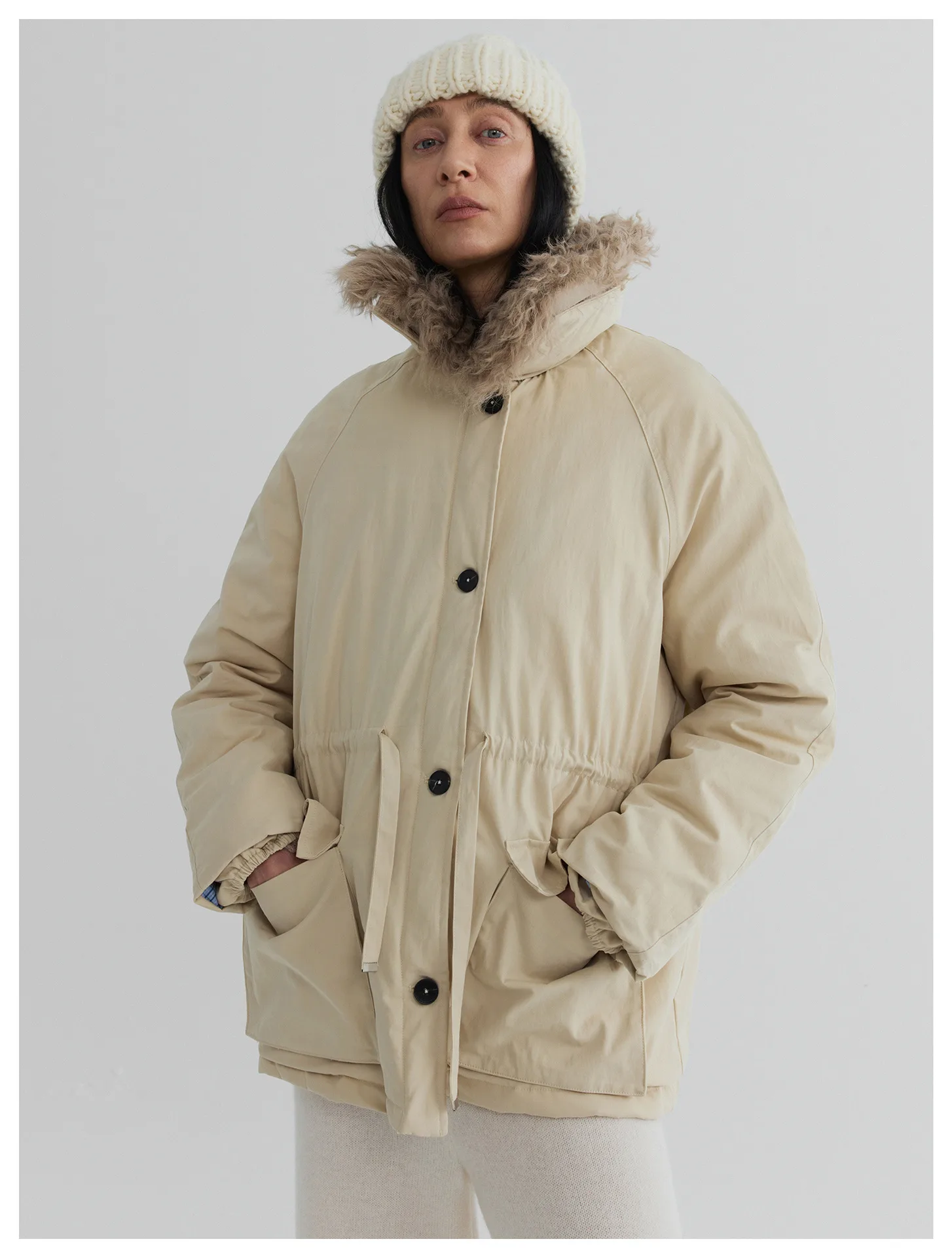 Women’s Shearling Wool Collar White Duck Down Drawstring Waist Utility Jacket – Warm Winter Outerwear
