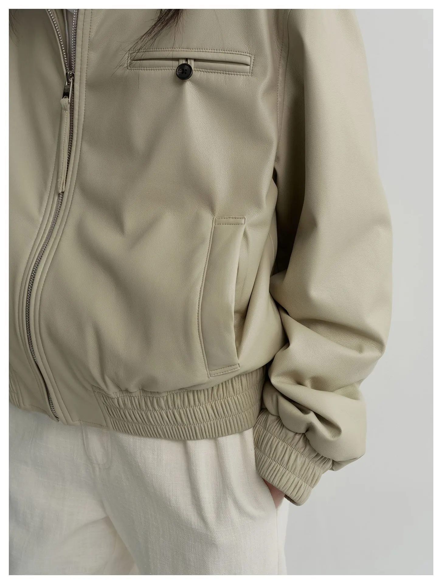 Women’s Stand Collar Leather Jacket – Oversized Zip Up Faux Leather Coat Casual Biker Jacket - Image 6