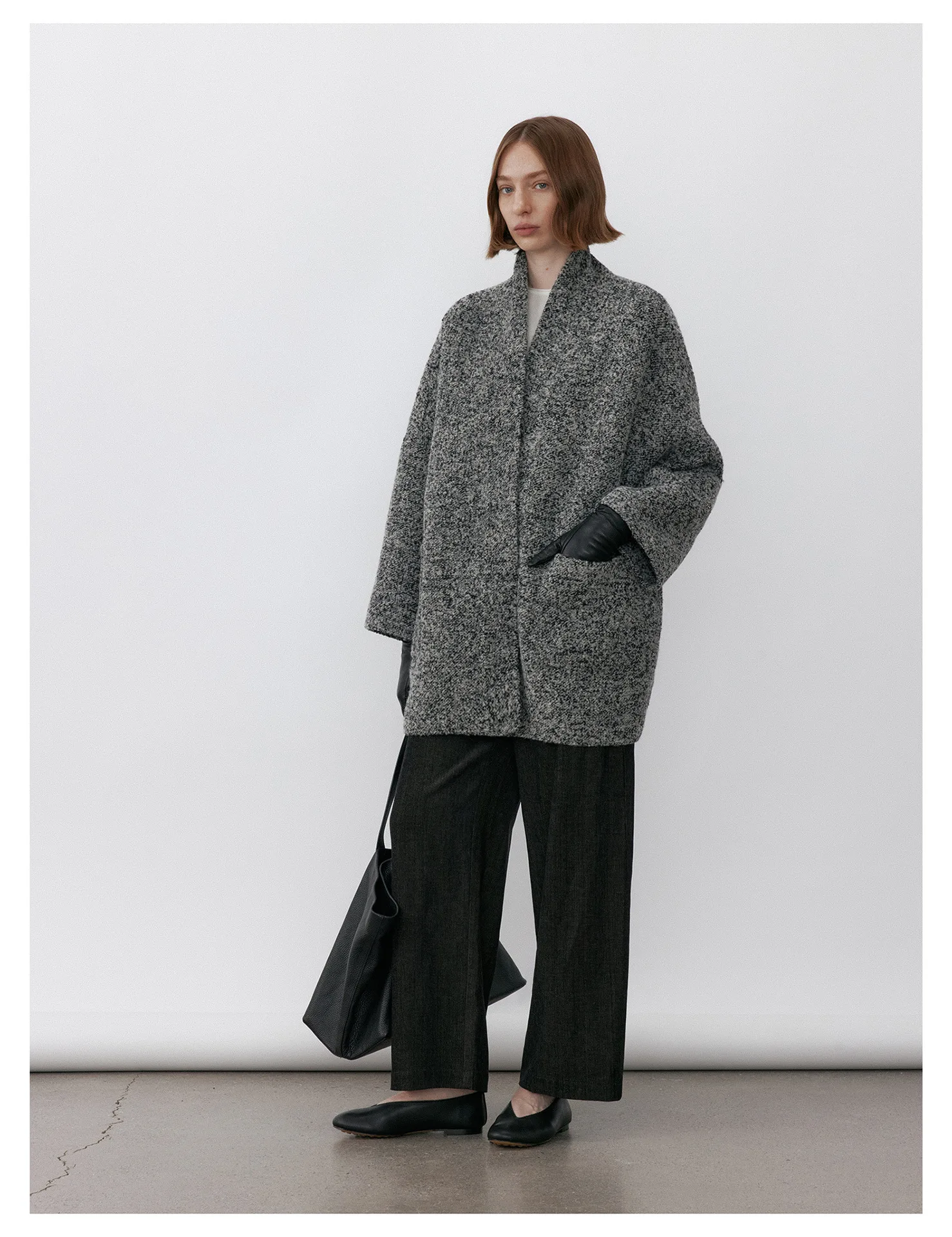 Women’s Collarless Mid-Length Loop Wool Coat – Relaxed Fit Textured Winter Outerwear - Image 3