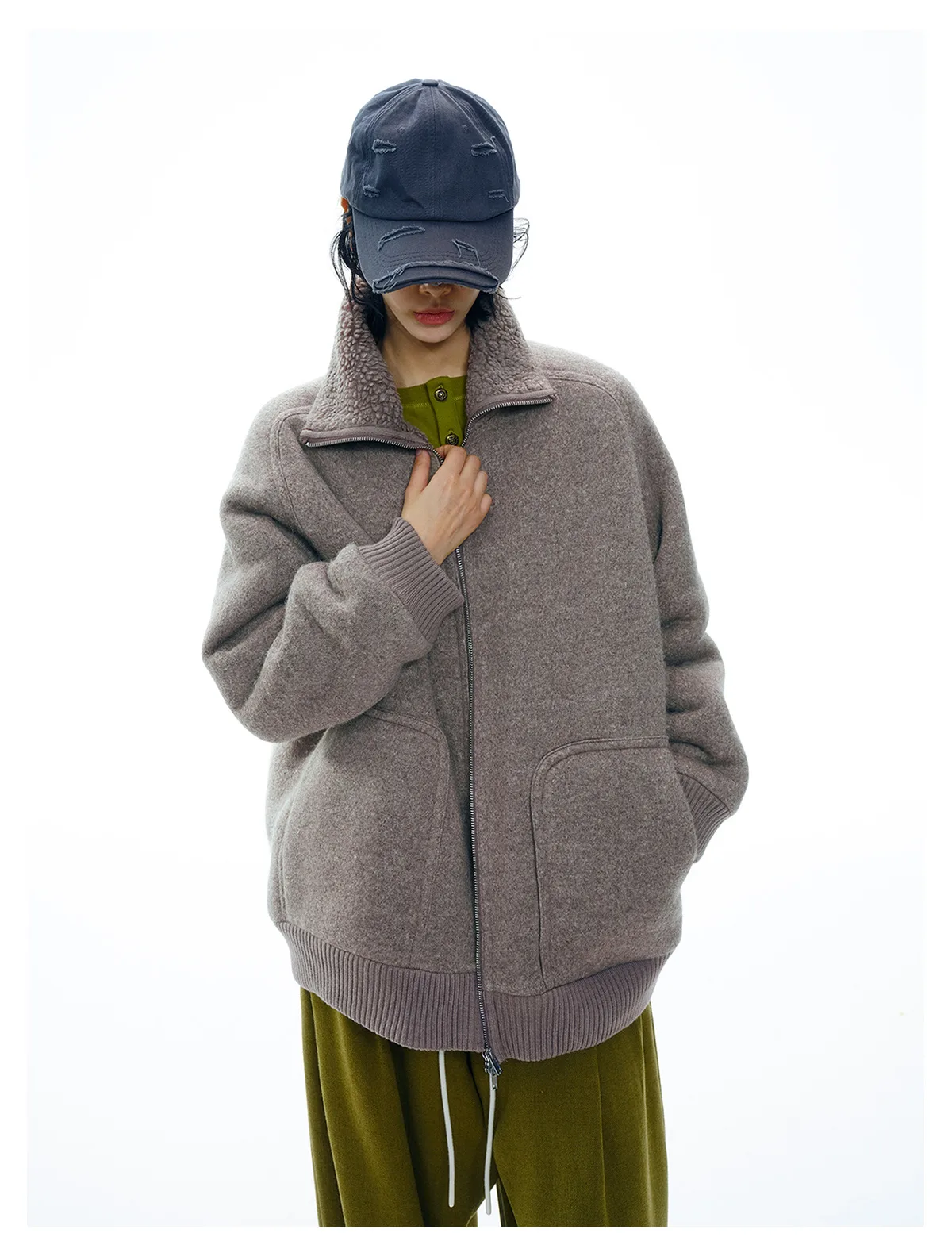 Women's Wool Blend Fleece Jacket, Warm Long Sleeve Zip Up Coat with Large Pockets, Cozy Casual Outerwear - Image 3