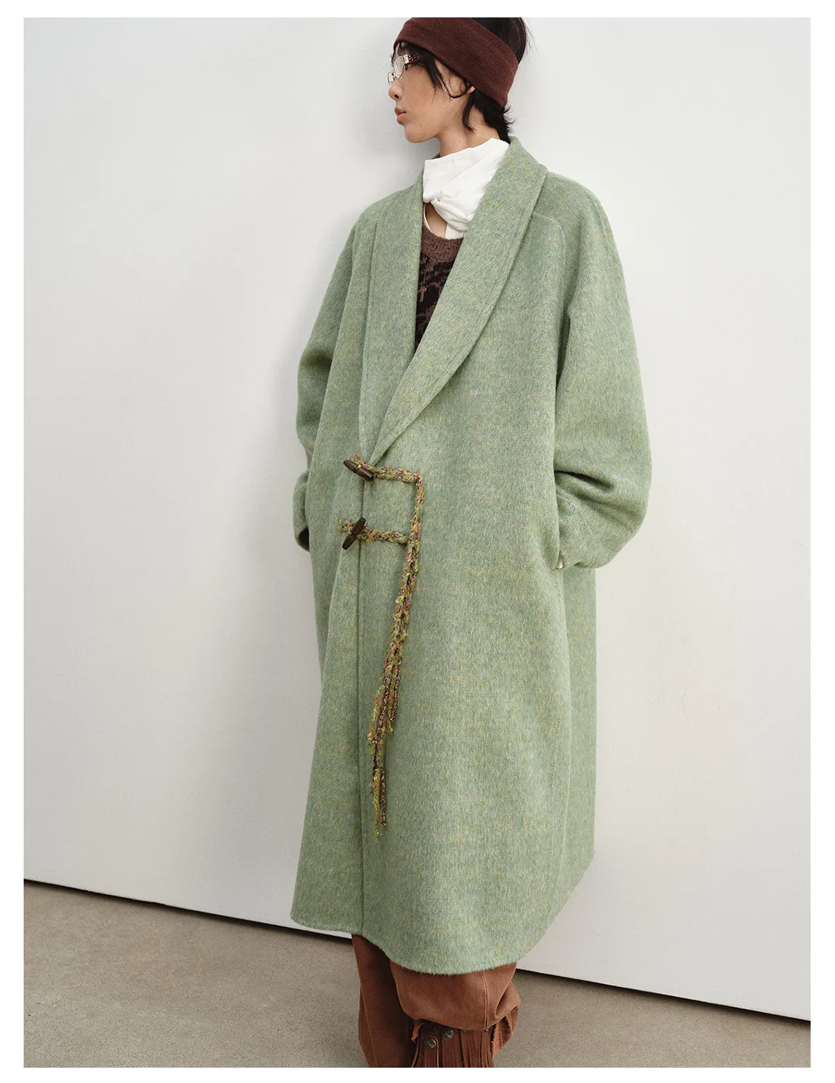 Women's Wool Double Face Coat, Tassel Detail Duffle Coat with Horn Buttons, V Neck Loose Fit Long Sleeve Winter Outerwear - Image 6