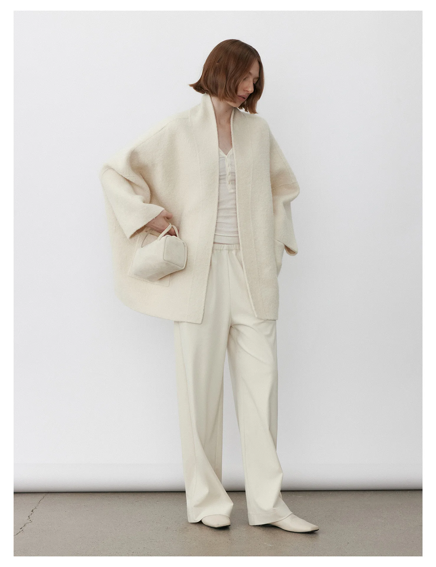 Women’s Collarless Mid-Length Loop Wool Coat – Relaxed Fit Textured Winter Outerwear - Image 5