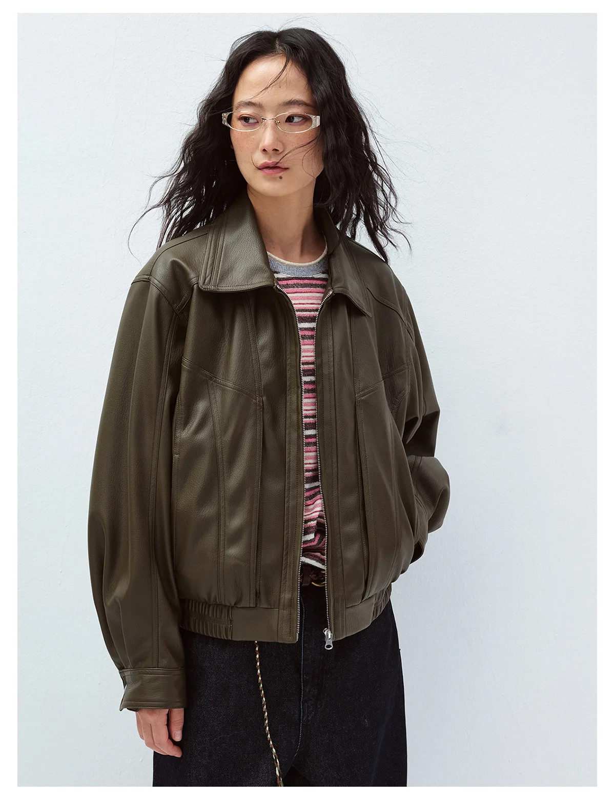 Women's Leather Jacket, Long Sleeve Lapel Collar Loose Fit Coat, Casual Oversized Motorcycle Outerwear - Image 2