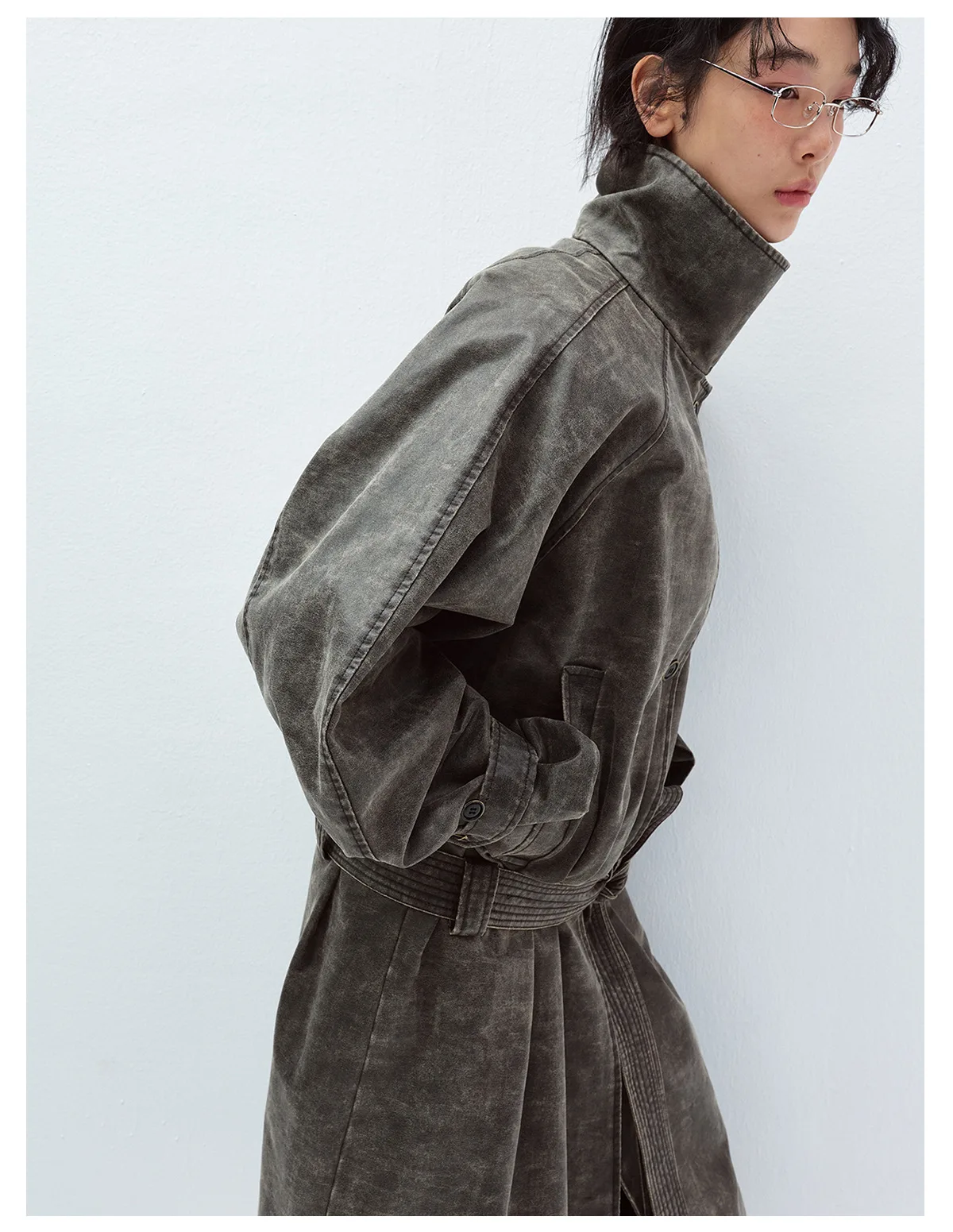 Women's Vintage Washed Trench Coat, Single Breasted Long Sleeve Jacket with Waist Tie Belt, Distressed Casual Outerwear - Image 2