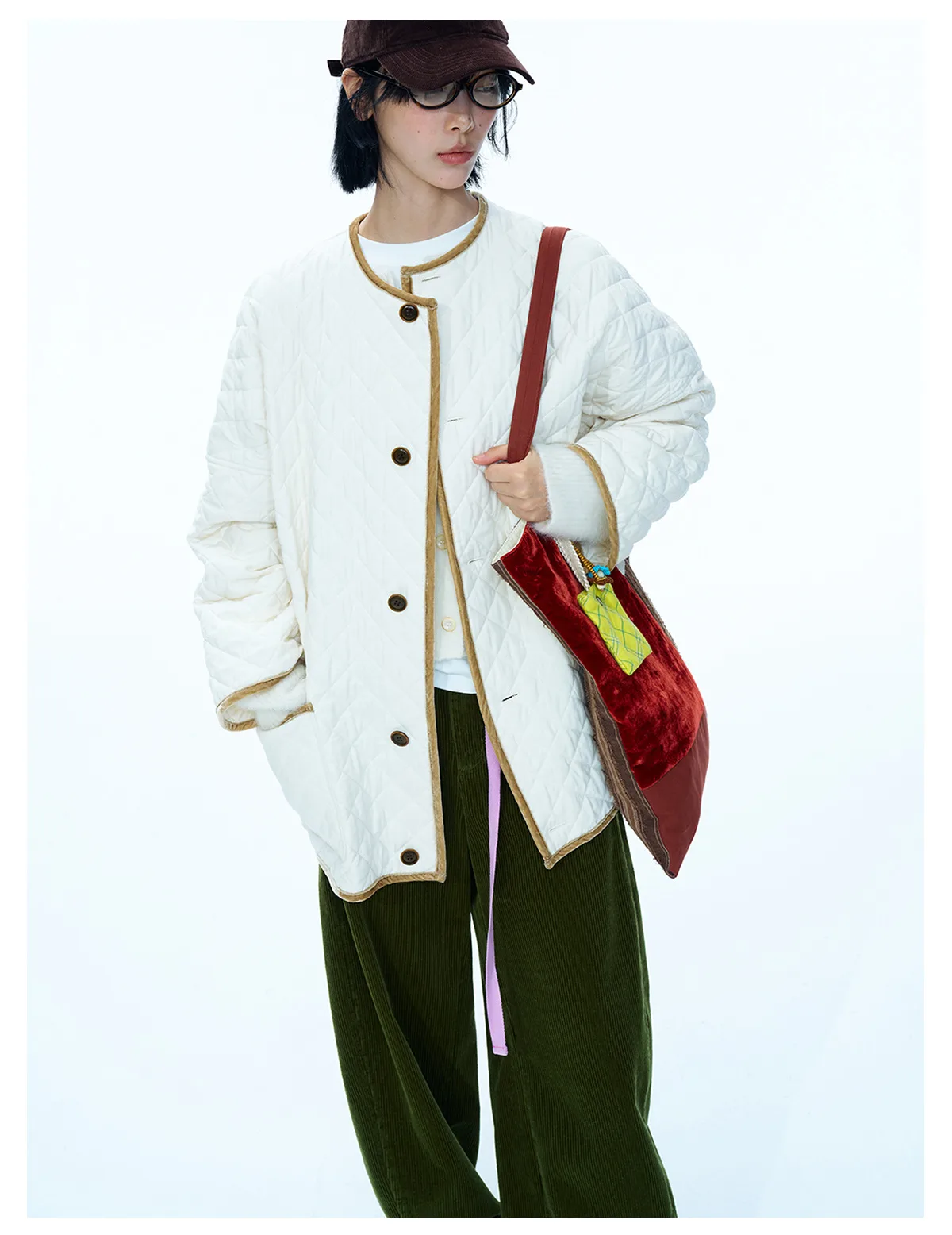Women's Winter Quilted Cotton Jacket, Color Block Wool Blend Coat, Loose Fit Single Breasted Outerwear - Image 6