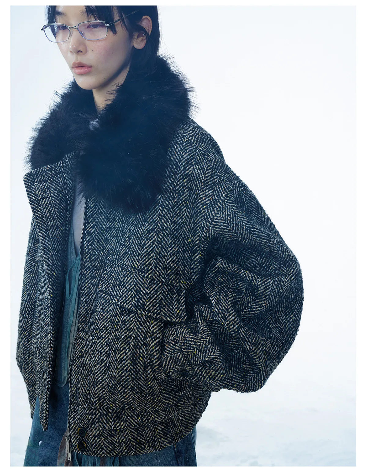 Women's Vintage Tweed Jacket with Faux Fur Collar, Wool Blend Zip Up Coat, Long Sleeve Retro Outerwear - Image 2
