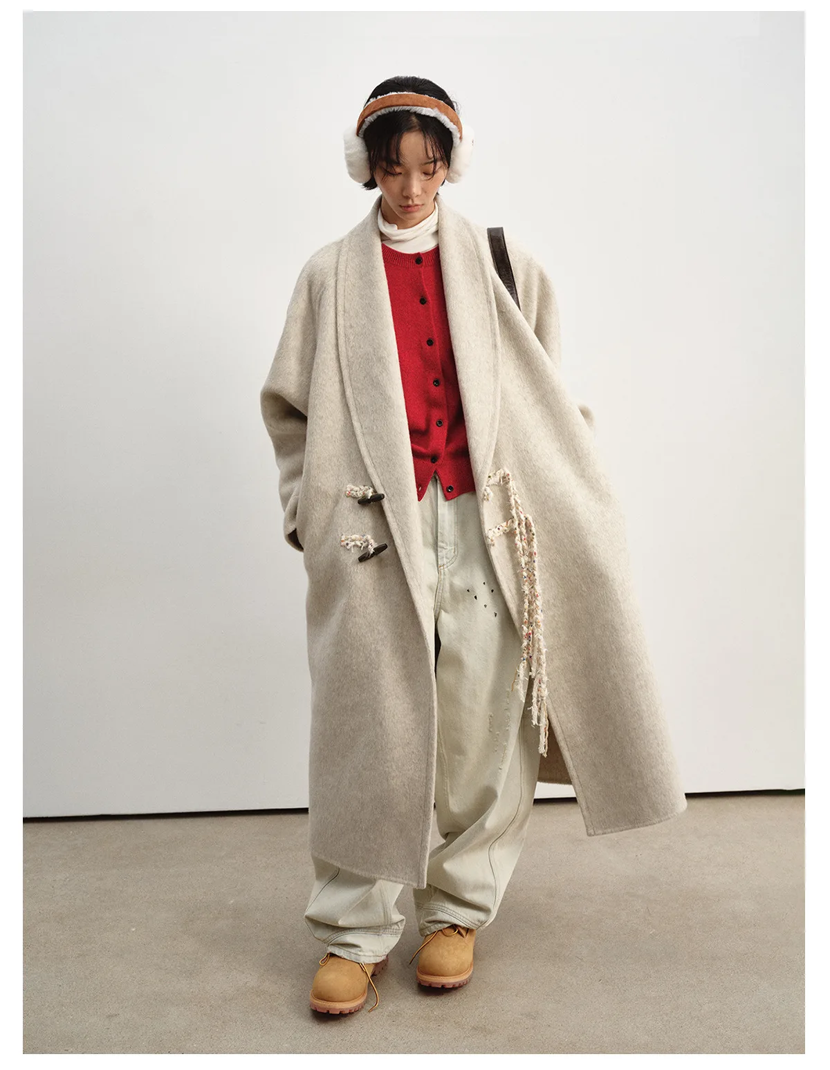 Women's Wool Double Face Coat, Tassel Detail Duffle Coat with Horn Buttons, V Neck Loose Fit Long Sleeve Winter Outerwear - Image 4