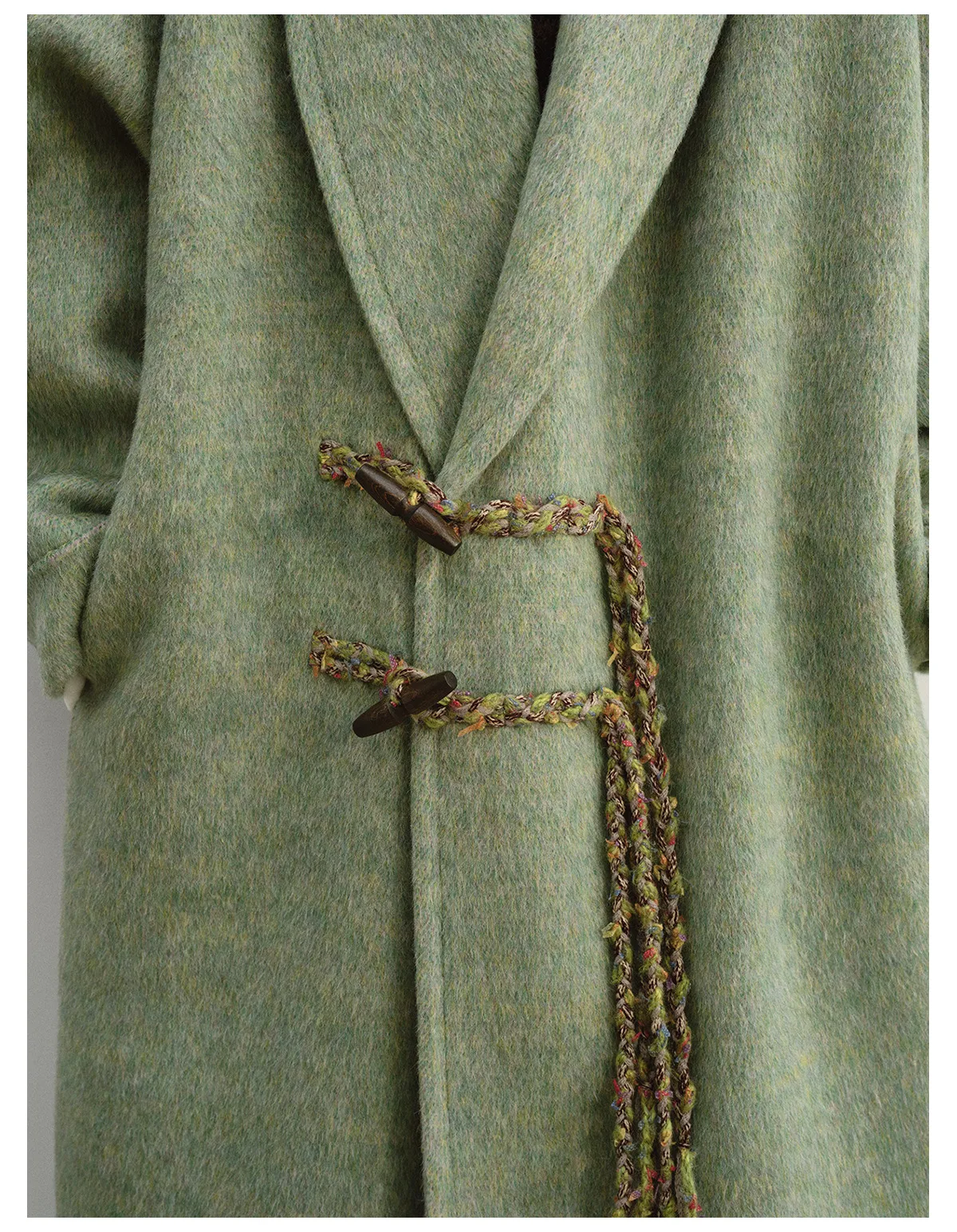 Women's Wool Double Face Coat, Tassel Detail Duffle Coat with Horn Buttons, V Neck Loose Fit Long Sleeve Winter Outerwear - Image 7