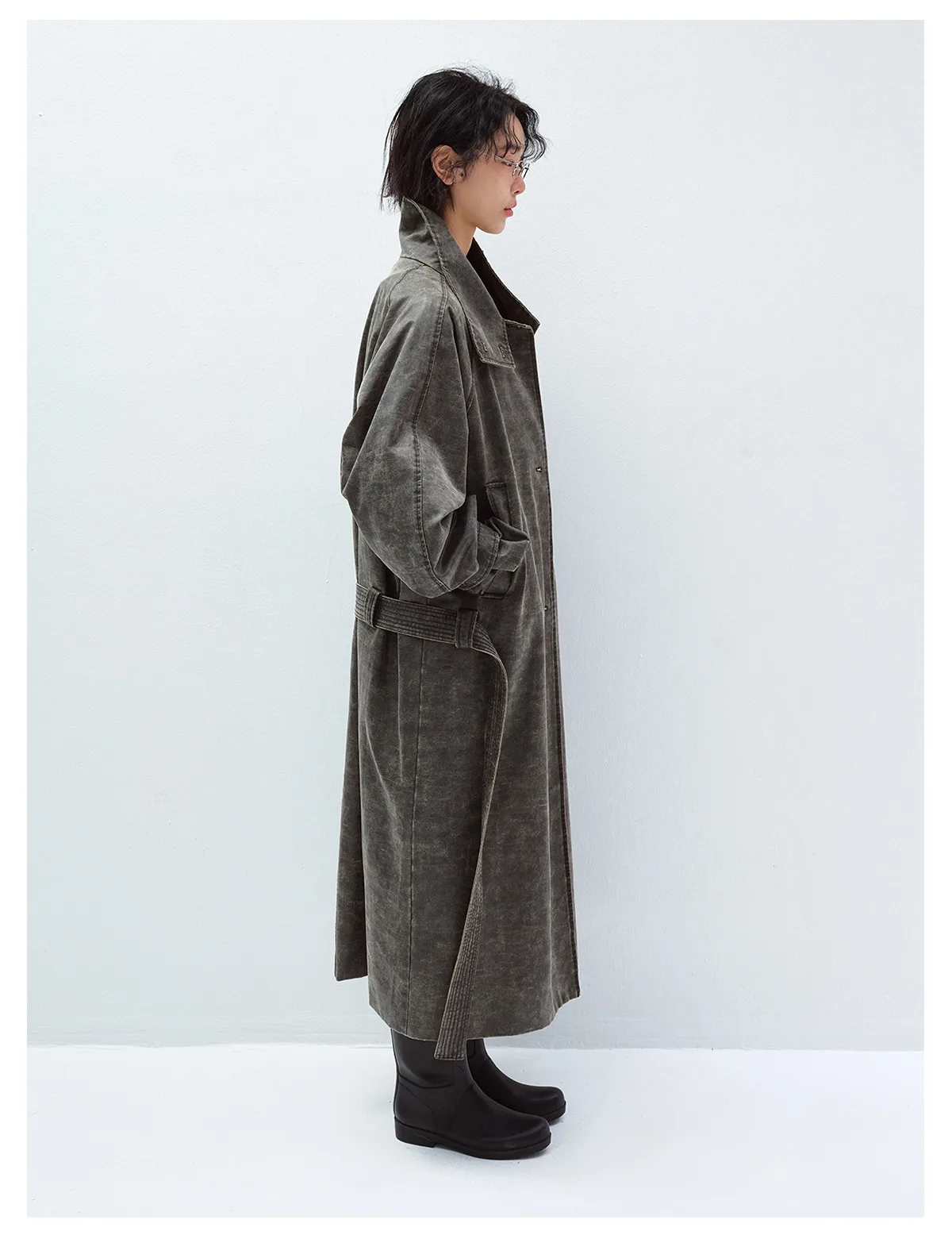 Women's Vintage Washed Trench Coat, Single Breasted Long Sleeve Jacket with Waist Tie Belt, Distressed Casual Outerwear - Image 3