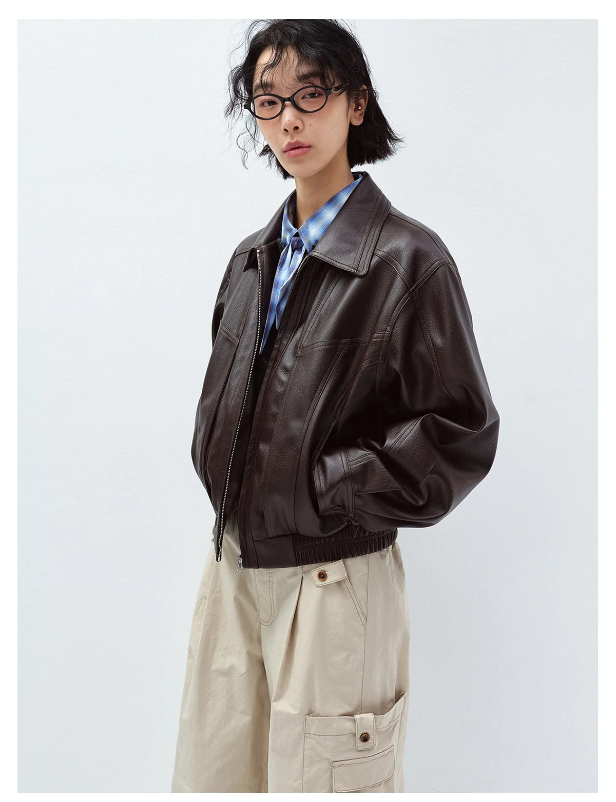 Women's Leather Jacket, Long Sleeve Lapel Collar Loose Fit Coat, Casual Oversized Motorcycle Outerwear - Image 8