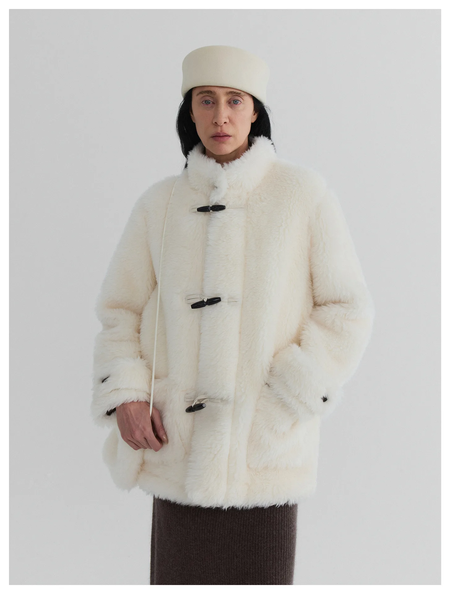 Women’s Horn Button Stand Collar Eco Fur Shearling Coat – Warm Winter Faux Fur Outerwear - Image 2