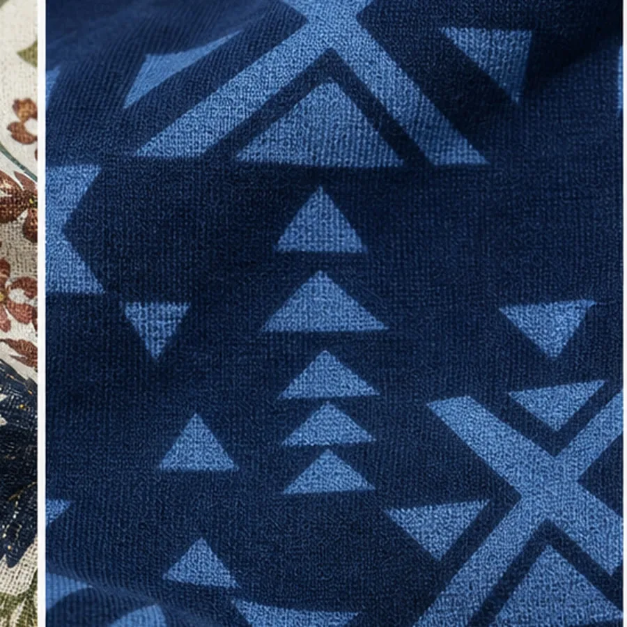 Discharge printed pale blue pattern on indigo cotton jersey