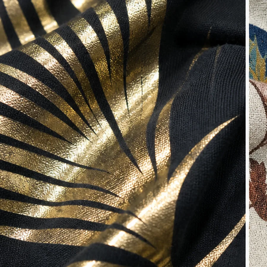 Metallic gold foil printing on black cotton fabric