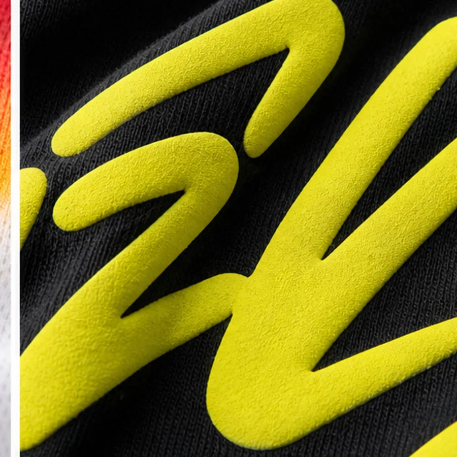 Fluorescent raised-paste printing on black cotton jersey