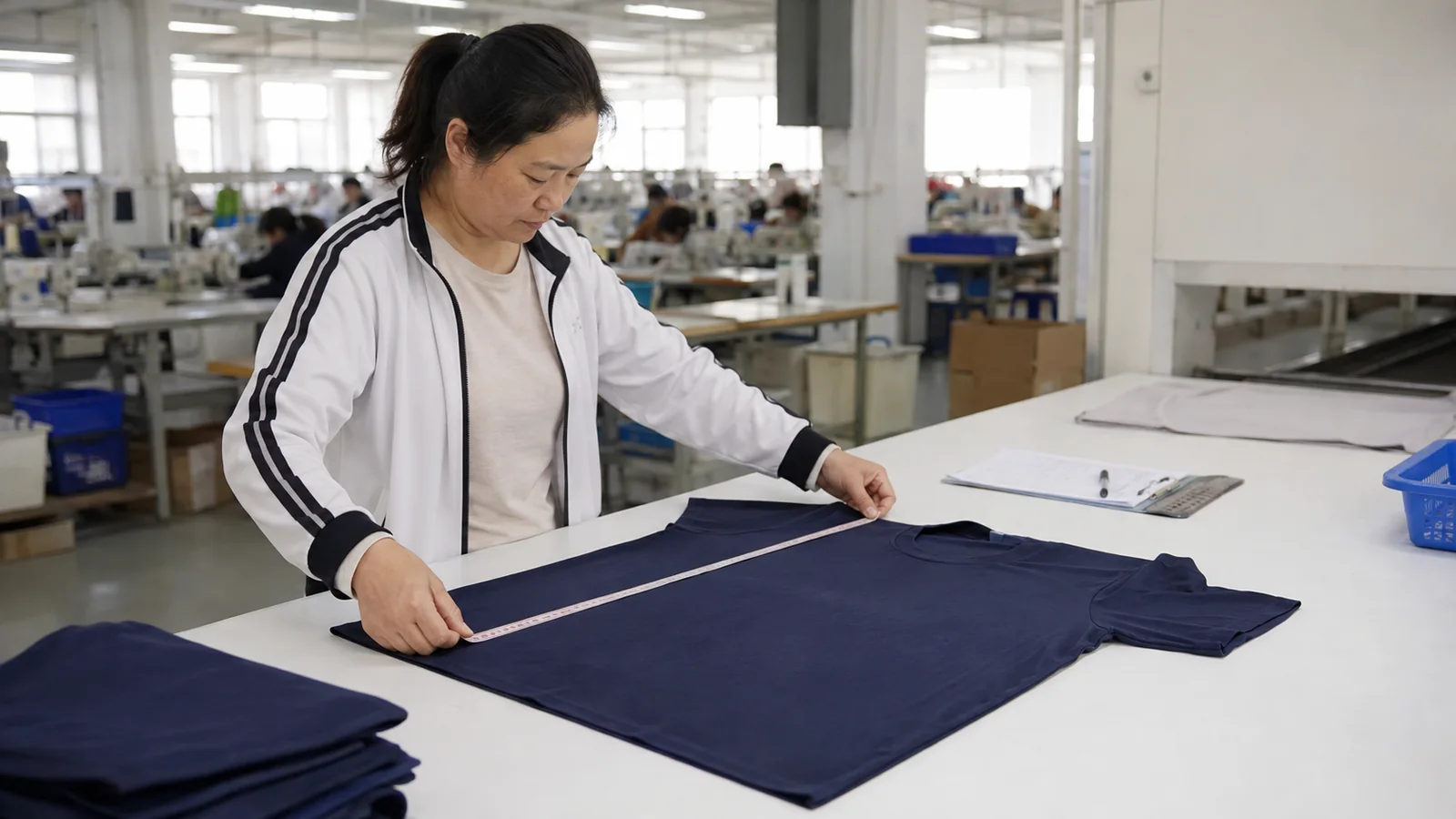 Chinese apparel quality inspector measuring a finished T-shirt during garment AQL inspection
