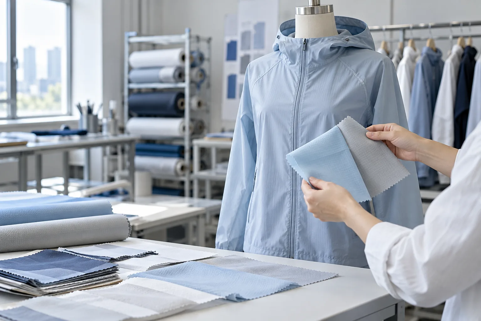 Buyer evaluating lightweight fabric for UPF sun-protective clothing